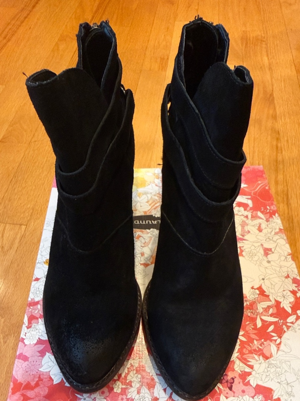 Chinese Laundry Black Suede Ankle Booties with Layered Wrap